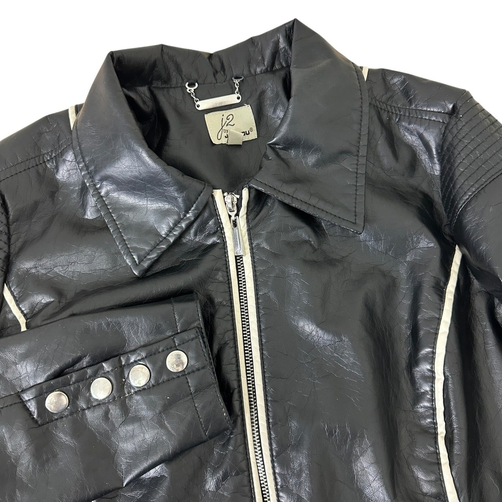 J2 by Joujou Womens Black FAUX Leather Moto Jacket White Contrast Piping Large